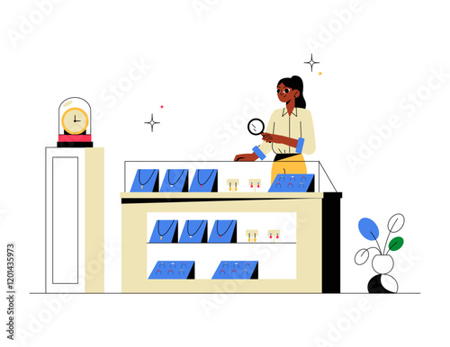 Female Shop Assistant Arranging Jewelry Products On Display In Flat Vector Illustration Symbolizing Retail, Jewelry Store, And Customer Service, Isolated On White Background