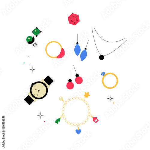 Jewelry Collection In Flat Vector Illustration Symbolizing Accessories, Elegance, And Luxury, Isolated On White Background.