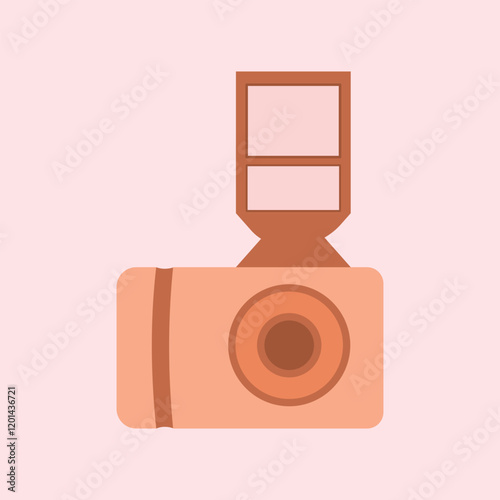 Camera icon in flat style. Illustration on a pink background. Retro camera illustration in flat design style. Design element illustration of digital camera
