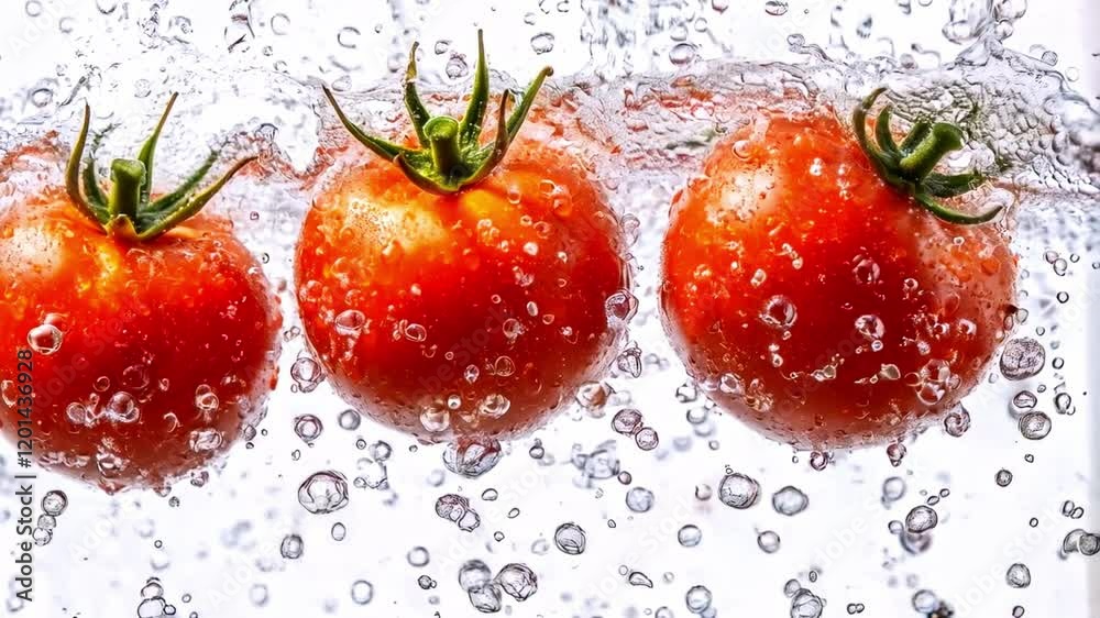 Three ripe tomatoes are captured in mid-splash, surrounded by dancing water droplets. Three ripe tomatoes are captured in mid-splash, surrounded by dancing water droplets.