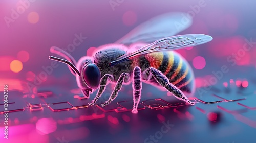 Bee on keyboard, digital art, glowing background, tech concept