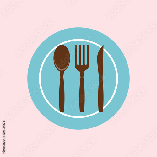Plate and cutlery icon. knife and fork icon on blue and brown color. Illustrations For Personal and Commercial Use. Clean Look Trendy Icon. Food icon element symbol
