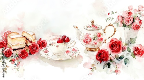 Watercolor illustration of British afternoon tea,tea break in the English style,tea set with Afternoon tea stand with macaroons and scone,cake,cup of tea,Tea time dessert table,vintage style.