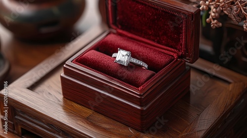 Princess-cut diamond ring in a red velvet jewelry box.