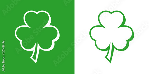 Logo con silueta de trébol de tres hojas en perspectiva tridimensional en espacio negativo para tarjetas y felicitaciones de San Patricio