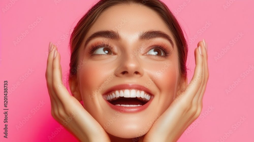 A young woman smiles widely with her hands gently resting on her cheeks. She radiates happiness and confidence in front of a vibrant pink backdrop A young woman smiles widely with her hands gently resting on her cheeks. She radiates happiness and confidence in front of a vibrant pink backdrop