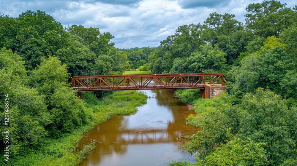 Rustic metal bridge over calm river, lush green trees.