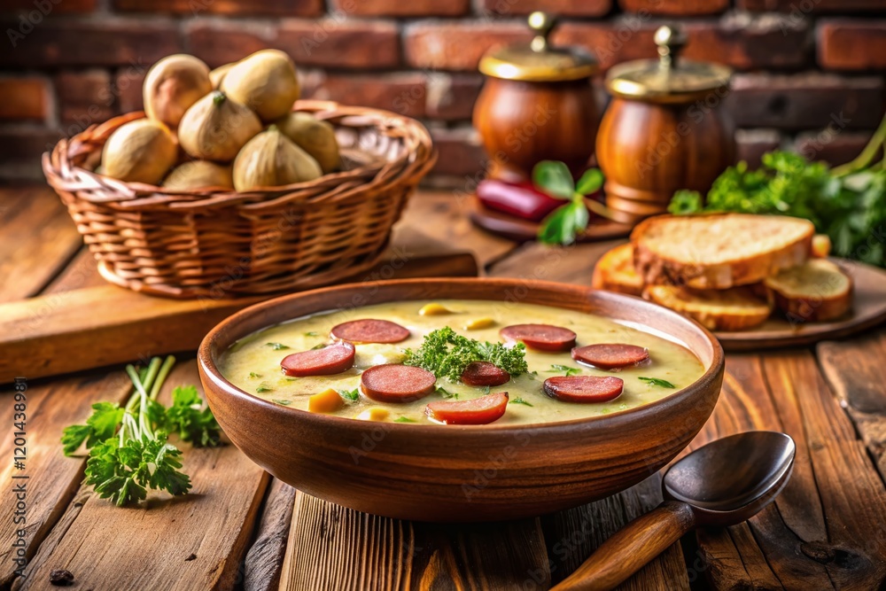 Polish Zurek Soup with White Kielbasa - Rustic Bowl, Wooden Table, Warm Lighting Polish Zurek Soup with White Kielbasa - Rustic Bowl, Wooden Table, Warm Lighting