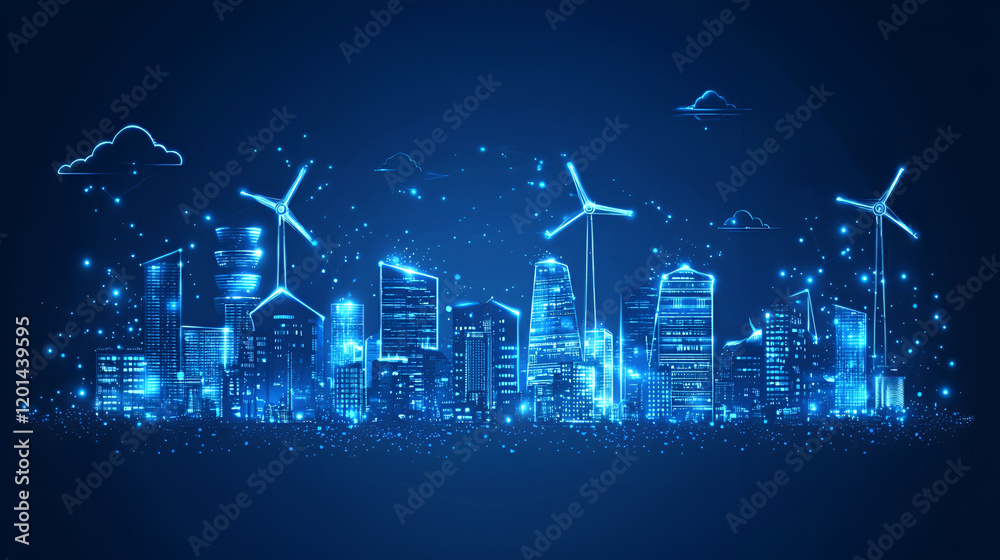 Fototapeta premium Smart city, glowing skyline, wind turbines, night, sustainable energy, futuristic design