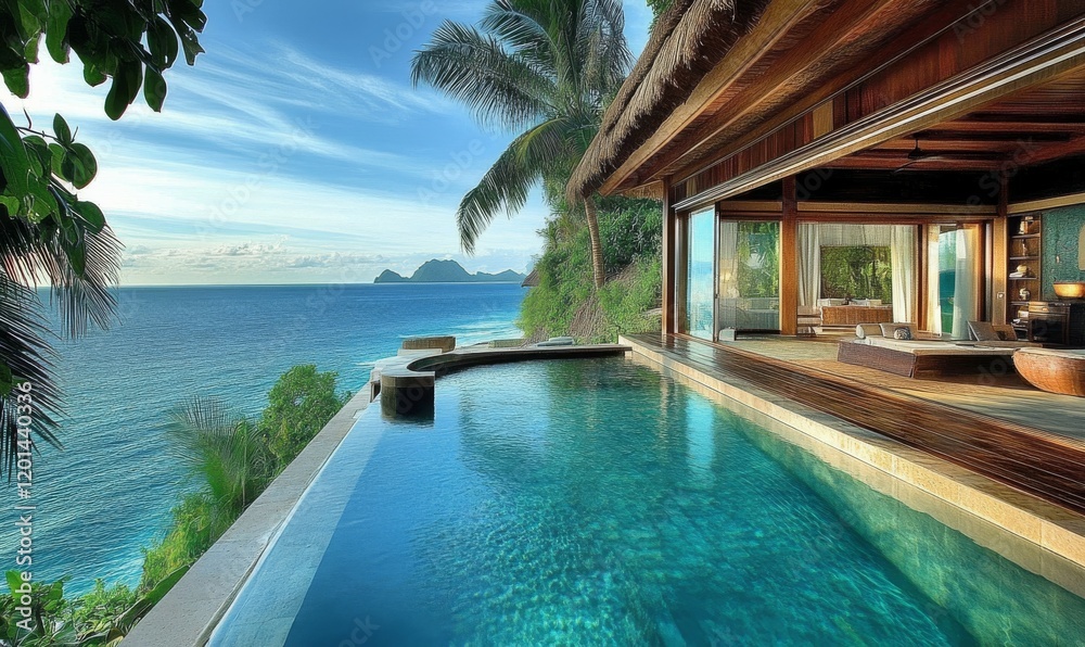 Fototapeta premium A Luxurious Tropical Villa with a Plunge Pool Overlooking the Ocean