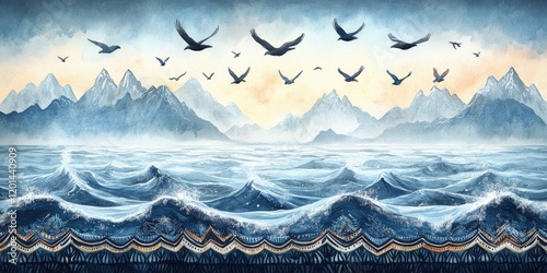 Birds fly over ocean waves and mountains at sunset; nature scene