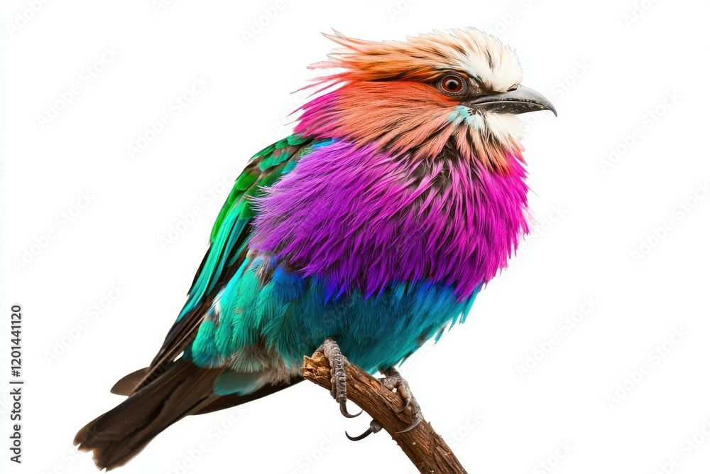 Fototapeta premium A vibrant image of a lilac-breasted roller bird perched on a branch, its colorful plumage shining. 