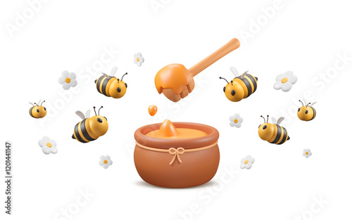 Apiculture banner. 3D Pot with honey, dipper with syrup, bees and flowers. Rural jar with farm product. Vector summer minimalist illustration.
