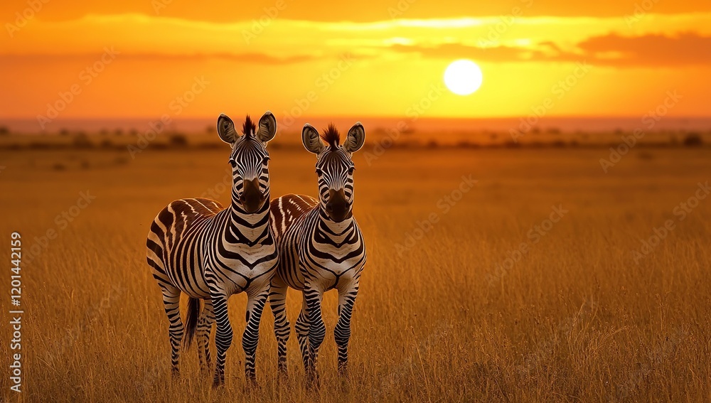 Obraz premium African Zebras Stand in Golden Sunset Grassland, Wildlife Beauty at Dusk