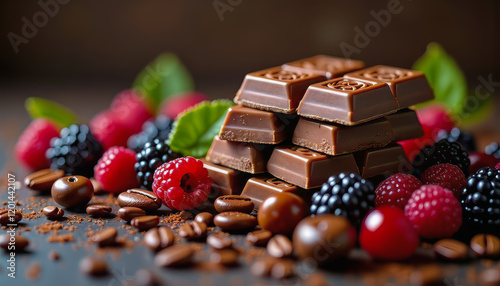 A luxurious display of premium chocolate, featuring a stack of smooth, glossy chocolate bars with intricate patterns embossed on their surface.