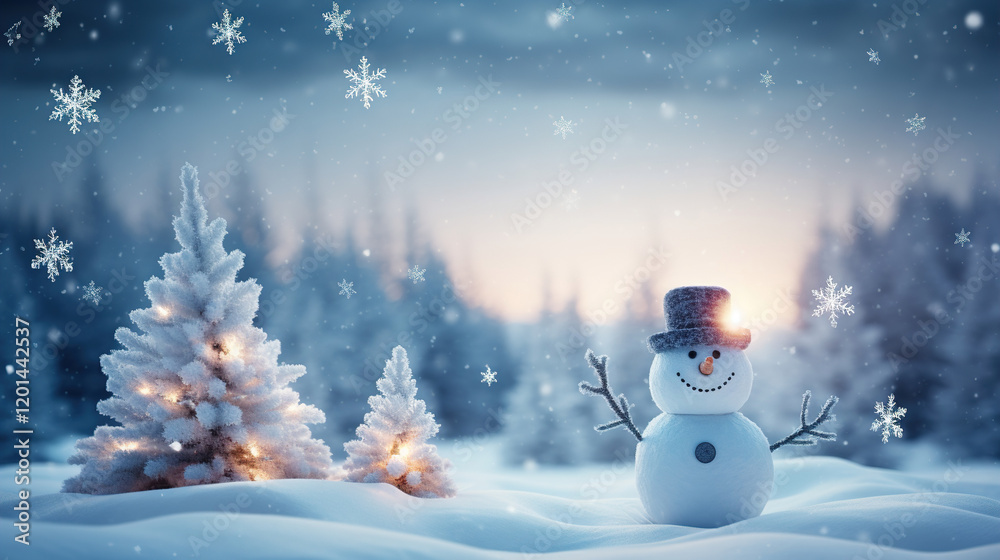 Obraz premium Winter Wonderland Scene with Snowman and Christmas Tree