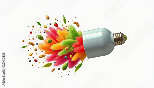 A sleek, white capsule hovering mid-air, releasing an explosion of vibrant, rainbow-colored slush ice streams and neatly arranged fruits