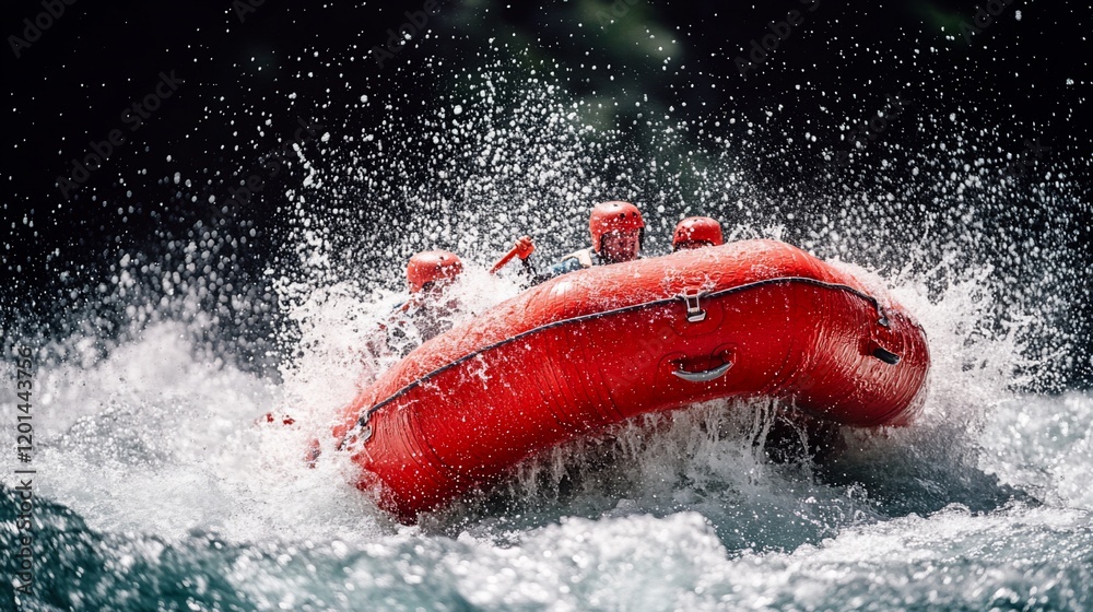 Fototapeta premium Red raft navigating whitewater rapids, splashing water.