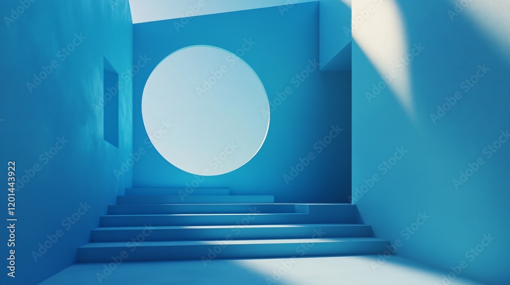 Sunlight illuminating blue minimalist interior with stairs leading to circular window Sunlight illuminating blue minimalist interior with stairs leading to circular window