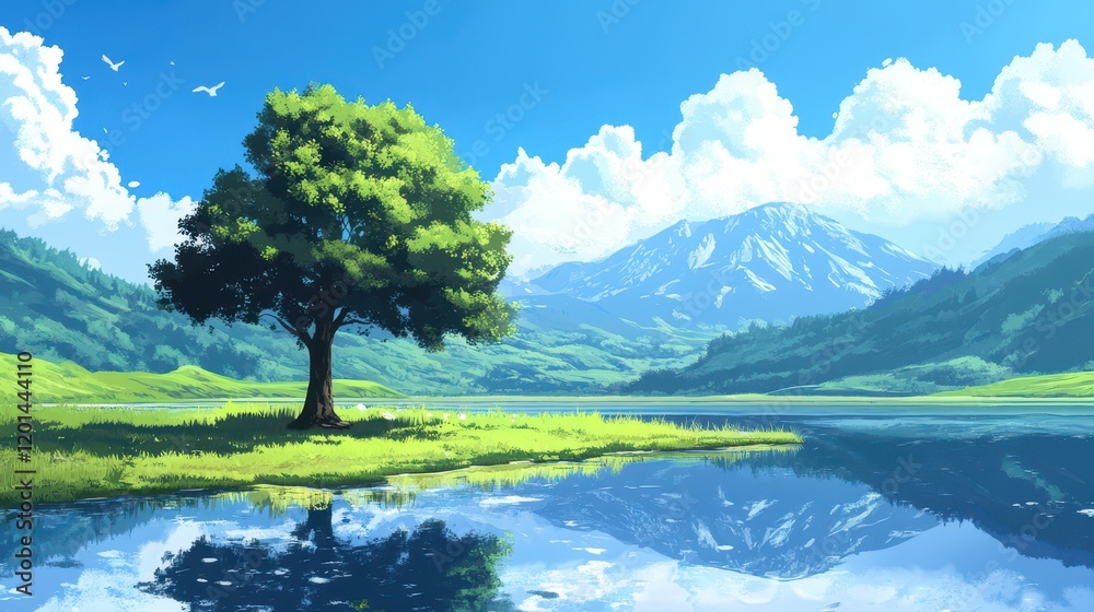 Naklejka premium Serene Lakeside Tree And Mountain Landscape