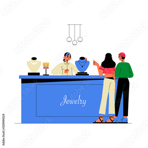 Jewelry Store With Salesperson And Customers In Flat Vector Illustration Symbolizing Retail, Shopping, And Luxury, Isolated On White Background.