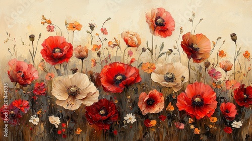 Vibrant red and cream poppies in a summer field, painted in oil.