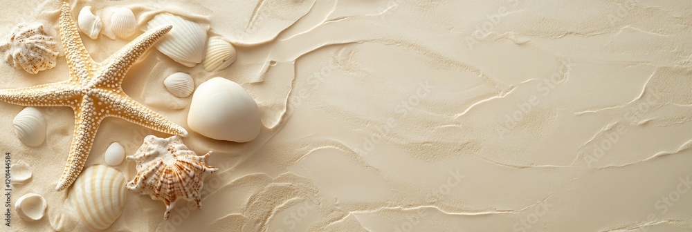 Seashells and starfish on textured beige background. Seashells and starfish on textured beige background.