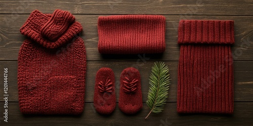 Cozy red knitwear set sweater, hat, socks, slippers. Winter warmth on wood. Gift idea photo