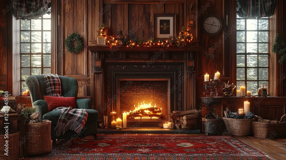 Cozy Rustic Fireplace Scene with Christmas Decor and Warm Ambiance Cozy Rustic Fireplace Scene with Christmas Decor and Warm Ambiance