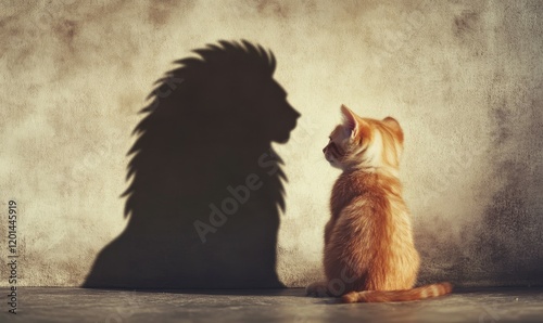 A small orange kitten sits facing a wall where its shadow is cast as a lion, symbolizing inner strength, courage, and the power of self-belief in a dreamlike, inspirational settin