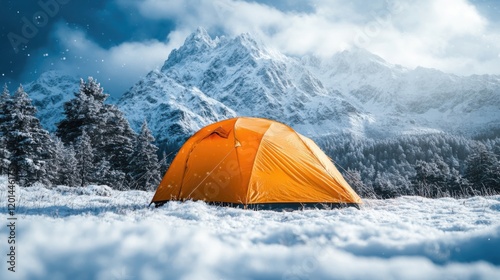 Bright yellow tourist tent at a height in the mountains. Dawn in the mountains. The concept of mountain climbing tourism.