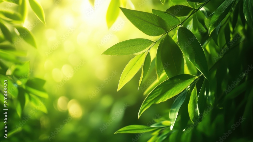 Obraz premium Bright green leaves basking in sunlight in a lush forest setting during a sunny afternoon