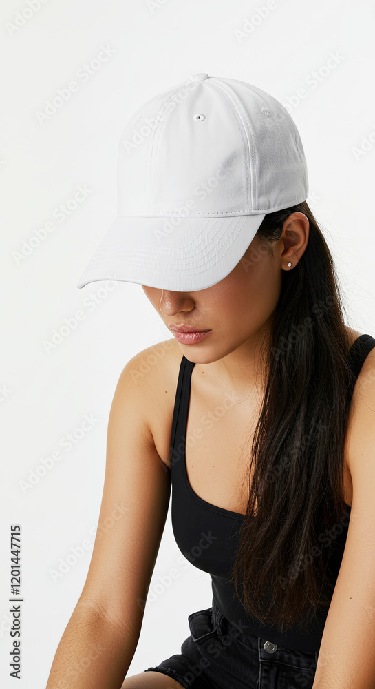 Young woman with long dark hair wearing a plain white baseball cap, wearing sleeveless. She is looking down with plain background Young woman with long dark hair wearing a plain white baseball cap, wearing sleeveless. She is looking down with plain background