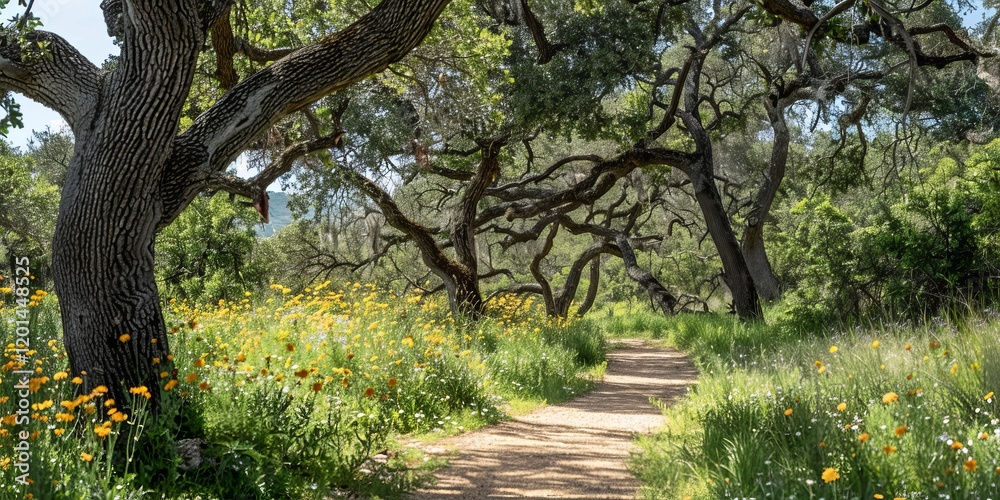 Fototapeta premium A serene pathway through a lush, flower-filled landscape with trees arching overhead.