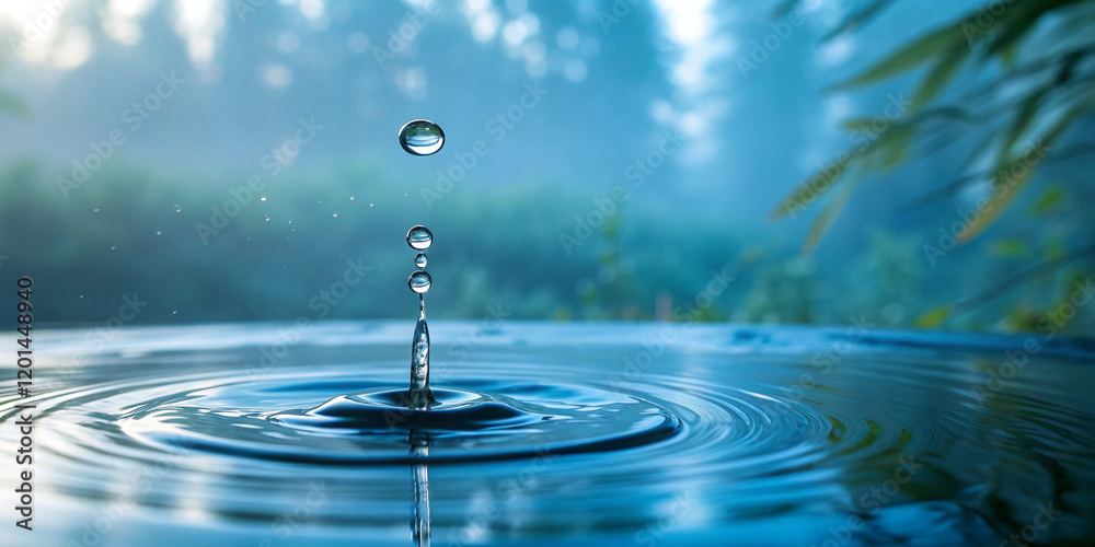Serene Drops: A Water Drop Falling Against a Blue Natural Backdrop Serene Drops: A Water Drop Falling Against a Blue Natural Backdrop