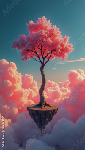 A lone, luminous tree stands majestically on a minuscule island,