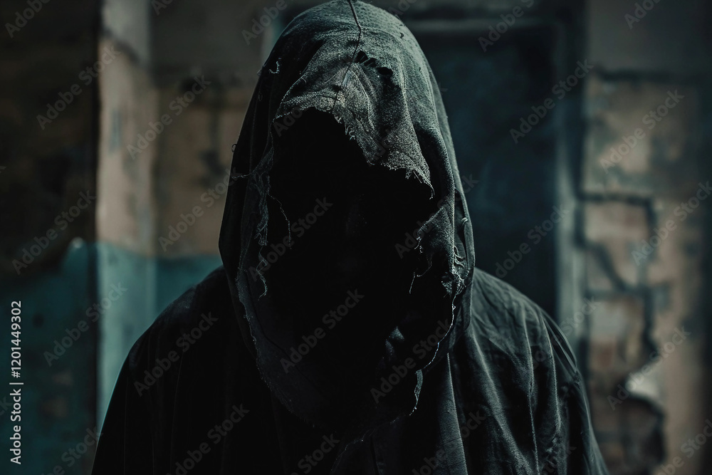 Hooded Maniac in Dark Abandoned Hallway with Sinister Atmosphere Generative AI Hooded Maniac in Dark Abandoned Hallway with Sinister Atmosphere Generative AI