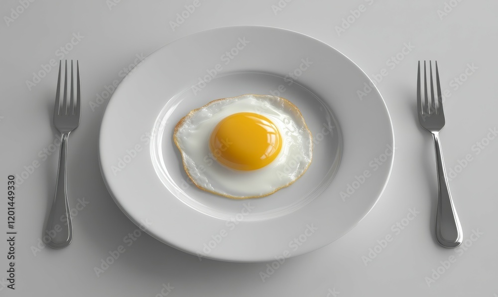A Single Fried Egg on a White Plate with Silverware A Single Fried Egg on a White Plate with Silverware