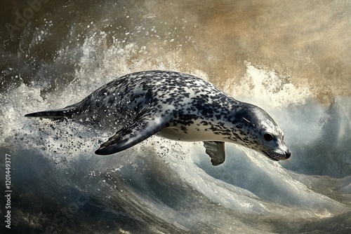 Leopard seal leaping from ocean wave. photo