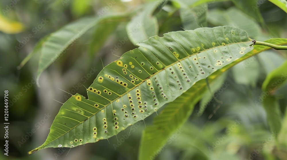 Close-up of a leaf with visible fungal spots, showcasing nature's imperfections and the cycle of decay and renewal in a natural environment. Close-up of a leaf with visible fungal spots, showcasing nature's imperfections and the cycle of decay and renewal in a natural environment.