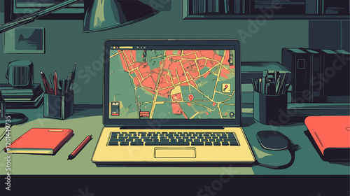 Vector Illustration of a Laptop Displaying Location Map for Navigation Purposes