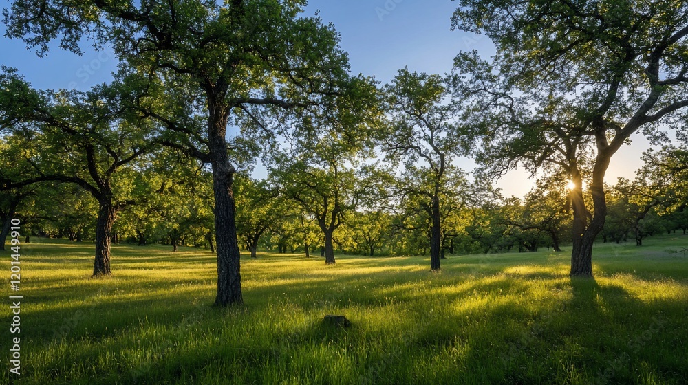 custom made wallpaper toronto digitalGolden hour sunlight illuminates a grove of oak trees in a grassy field.