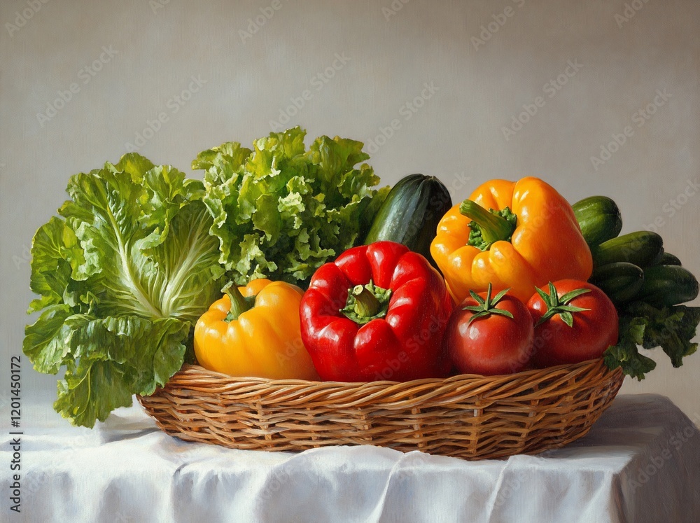 Still life painting of colorful vegetables in a wicker basket on a white cloth. Still life painting of colorful vegetables in a wicker basket on a white cloth.