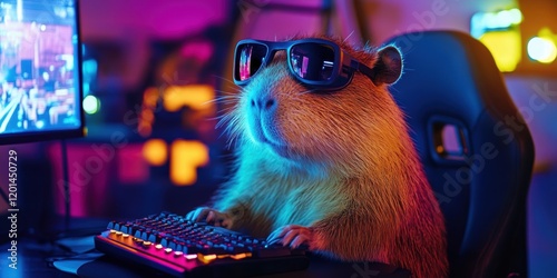 Capybara wearing sunglasses sits at a gaming setup with colorful lights at night