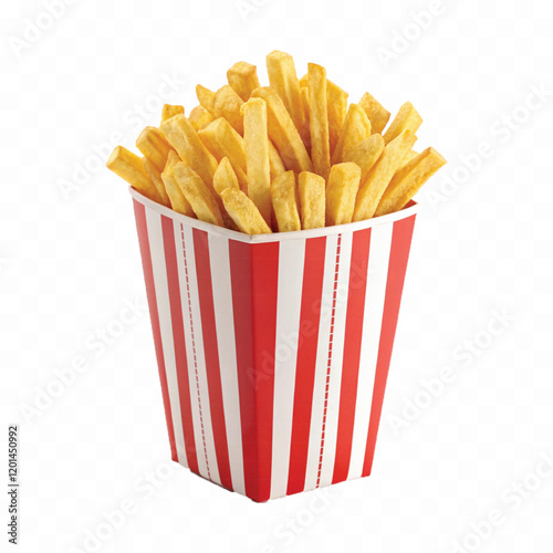 abstract 3d crispy French fries in striped container or red bucket isolated on white background