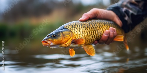 Fisherman catches a vibrant carp by the river during early morning hours photo