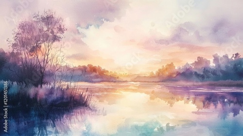 Watercolor landscape of mountains, a forest, and a lake at sunset. The serene composition reflects nature's beauty, peace, and warm light. Generative AI.