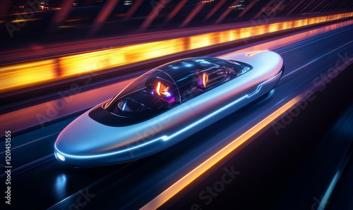 A sleek, futuristic vehicle glides swiftly along a vibrant, illuminated highway, symbolizing speed, innovation, and the exhilarating advance of travel technology.