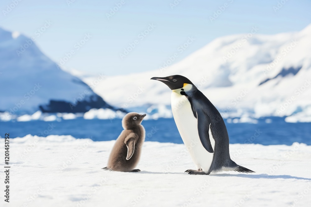 Fototapeta premium Gentoo penguin chick interacts with parent at Petermann Island, Antarctic Peninsula on a bright day