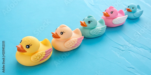 From Above View of Cute Rubber Ducklings Toys in a Playful Setting